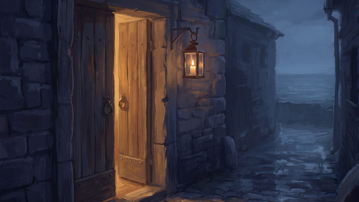 A wooden door left ajar at dusk, warm light spilling onto wet cobblestones