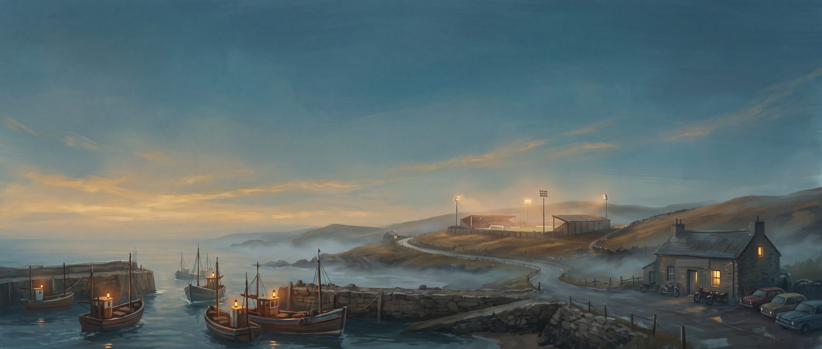 Painted coastal town at dawn: fishing boats leaving a stone harbour, a small floodlit stadium on the hill, a lit workshop window