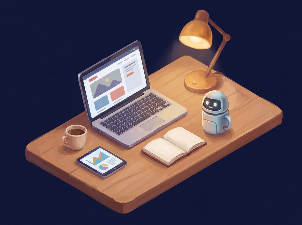 An isometric painted desk: a laptop showing a clean website layout, a tablet with a chart, a notebook and a small friendly robot
