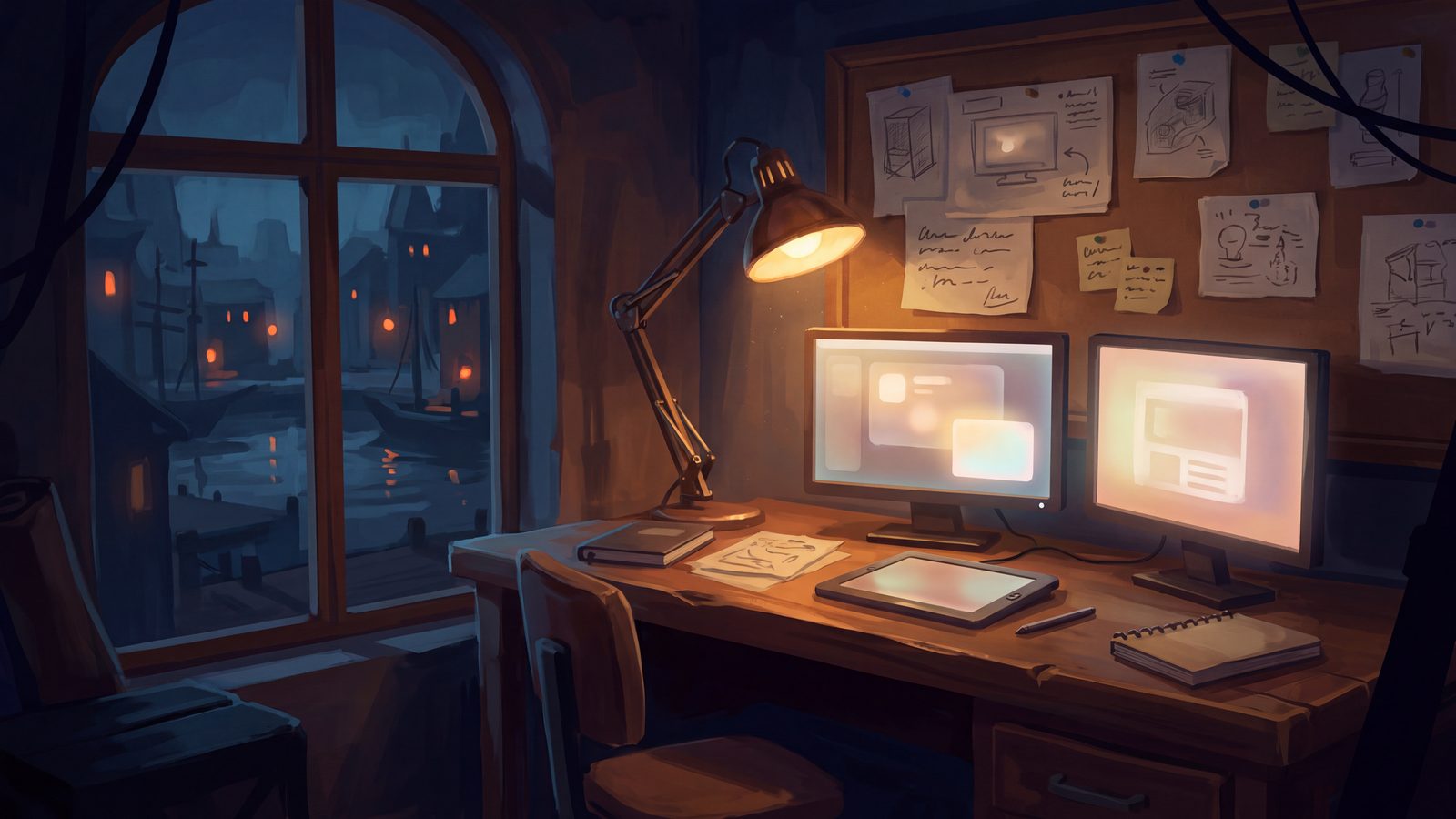 A small studio workshop at night: two monitors glowing, a warm desk lamp, sketches on the wall, a dark harbour town through the window